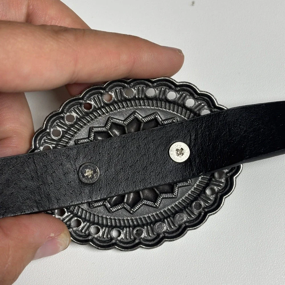 Womens Concho Belt Lrg Black Faux Leather Silver Tone Western Festival Boho Edgy